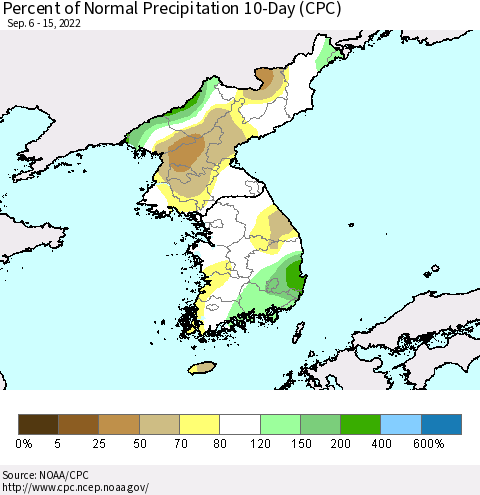Korea Percent of Normal Precipitation 10-Day (CPC) Thematic Map For 9/6/2022 - 9/15/2022