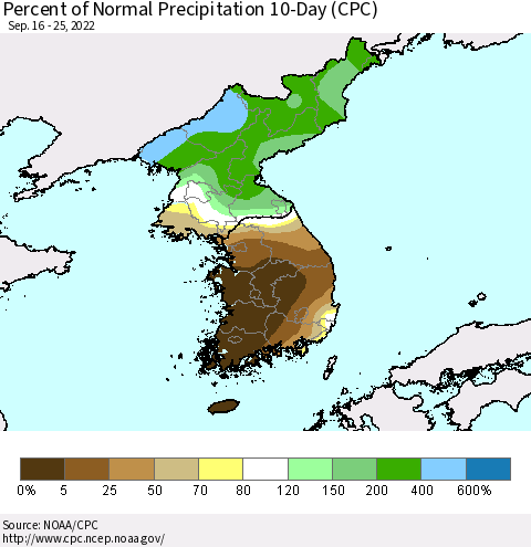 Korea Percent of Normal Precipitation 10-Day (CPC) Thematic Map For 9/16/2022 - 9/25/2022