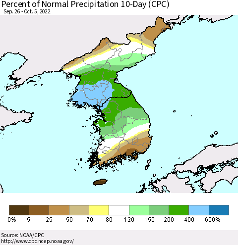 Korea Percent of Normal Precipitation 10-Day (CPC) Thematic Map For 9/26/2022 - 10/5/2022