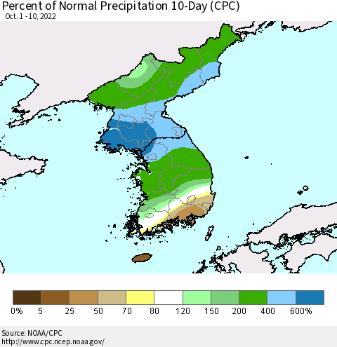 Korea Percent of Normal Precipitation 10-Day (CPC) Thematic Map For 10/1/2022 - 10/10/2022
