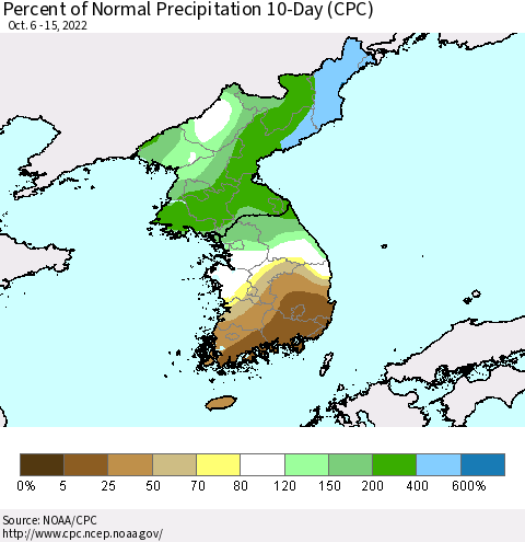 Korea Percent of Normal Precipitation 10-Day (CPC) Thematic Map For 10/6/2022 - 10/15/2022