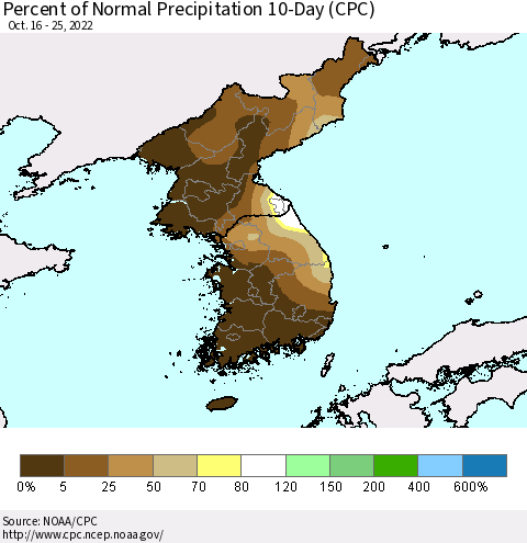 Korea Percent of Normal Precipitation 10-Day (CPC) Thematic Map For 10/16/2022 - 10/25/2022