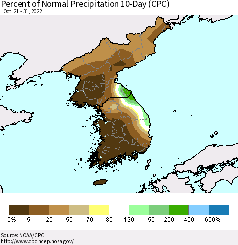 Korea Percent of Normal Precipitation 10-Day (CPC) Thematic Map For 10/21/2022 - 10/31/2022