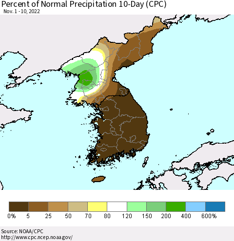 Korea Percent of Normal Precipitation 10-Day (CPC) Thematic Map For 11/1/2022 - 11/10/2022