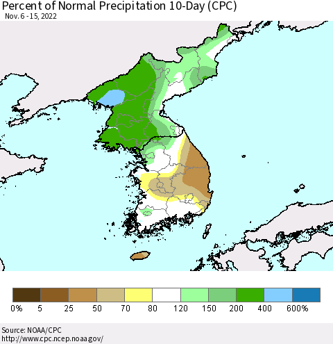 Korea Percent of Normal Precipitation 10-Day (CPC) Thematic Map For 11/6/2022 - 11/15/2022