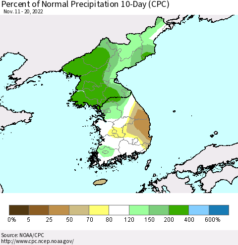Korea Percent of Normal Precipitation 10-Day (CPC) Thematic Map For 11/11/2022 - 11/20/2022