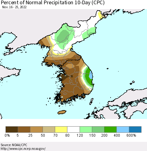 Korea Percent of Normal Precipitation 10-Day (CPC) Thematic Map For 11/16/2022 - 11/25/2022
