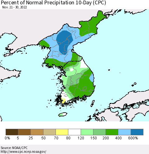 Korea Percent of Normal Precipitation 10-Day (CPC) Thematic Map For 11/21/2022 - 11/30/2022
