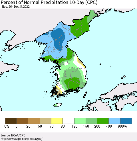 Korea Percent of Normal Precipitation 10-Day (CPC) Thematic Map For 11/26/2022 - 12/5/2022