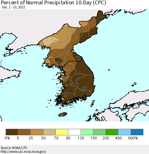 Korea Percent of Normal Precipitation 10-Day (CPC) Thematic Map For 12/1/2022 - 12/10/2022