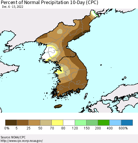 Korea Percent of Normal Precipitation 10-Day (CPC) Thematic Map For 12/6/2022 - 12/15/2022