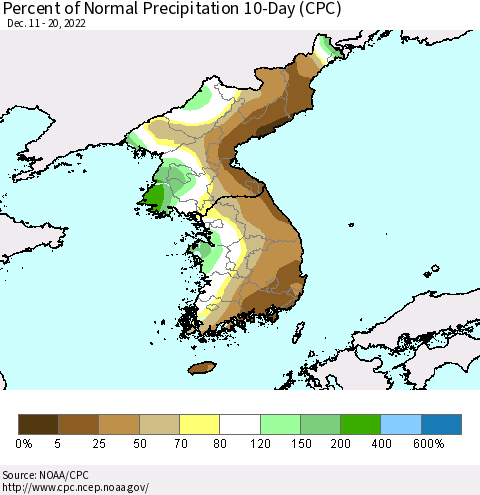 Korea Percent of Normal Precipitation 10-Day (CPC) Thematic Map For 12/11/2022 - 12/20/2022