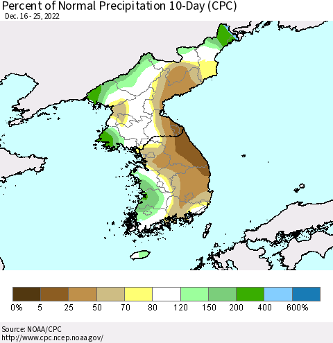 Korea Percent of Normal Precipitation 10-Day (CPC) Thematic Map For 12/16/2022 - 12/25/2022