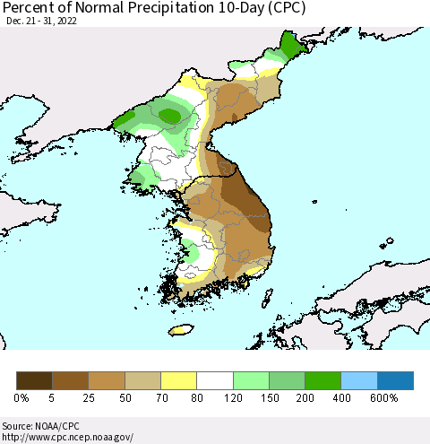 Korea Percent of Normal Precipitation 10-Day (CPC) Thematic Map For 12/21/2022 - 12/31/2022