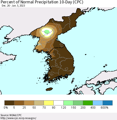Korea Percent of Normal Precipitation 10-Day (CPC) Thematic Map For 12/26/2022 - 1/5/2023