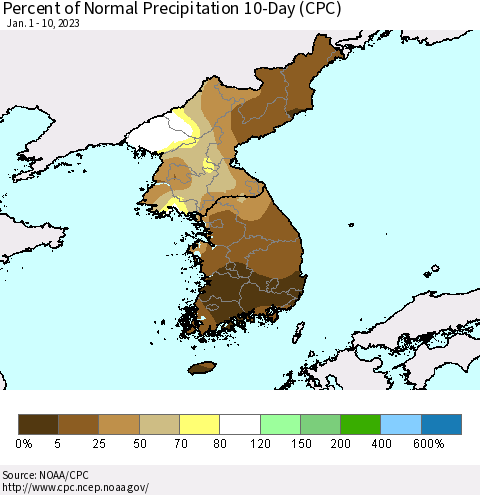 Korea Percent of Normal Precipitation 10-Day (CPC) Thematic Map For 1/1/2023 - 1/10/2023