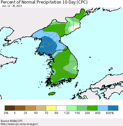 Korea Percent of Normal Precipitation 10-Day (CPC) Thematic Map For 1/11/2023 - 1/20/2023