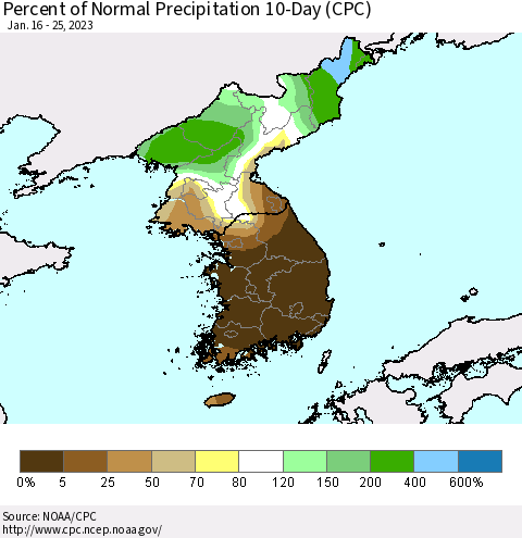 Korea Percent of Normal Precipitation 10-Day (CPC) Thematic Map For 1/16/2023 - 1/25/2023