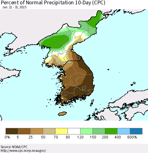 Korea Percent of Normal Precipitation 10-Day (CPC) Thematic Map For 1/21/2023 - 1/31/2023