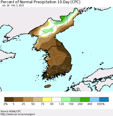 Korea Percent of Normal Precipitation 10-Day (CPC) Thematic Map For 1/26/2023 - 2/5/2023