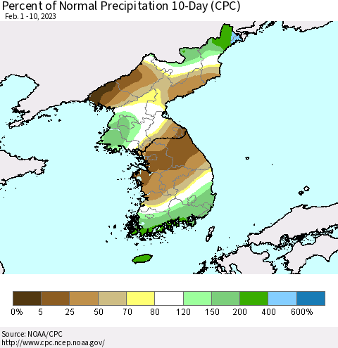 Korea Percent of Normal Precipitation 10-Day (CPC) Thematic Map For 2/1/2023 - 2/10/2023