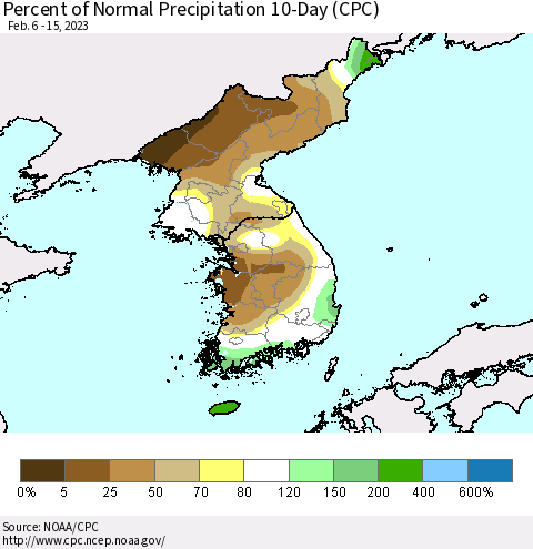 Korea Percent of Normal Precipitation 10-Day (CPC) Thematic Map For 2/6/2023 - 2/15/2023