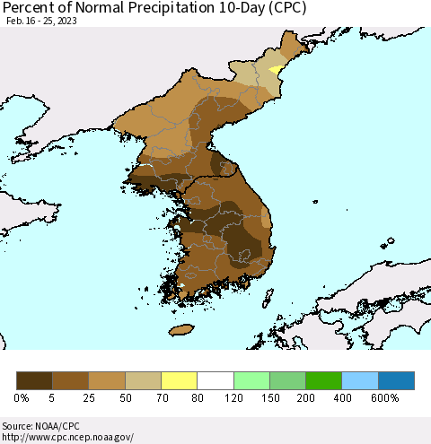 Korea Percent of Normal Precipitation 10-Day (CPC) Thematic Map For 2/16/2023 - 2/25/2023
