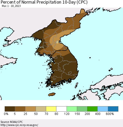 Korea Percent of Normal Precipitation 10-Day (CPC) Thematic Map For 3/1/2023 - 3/10/2023