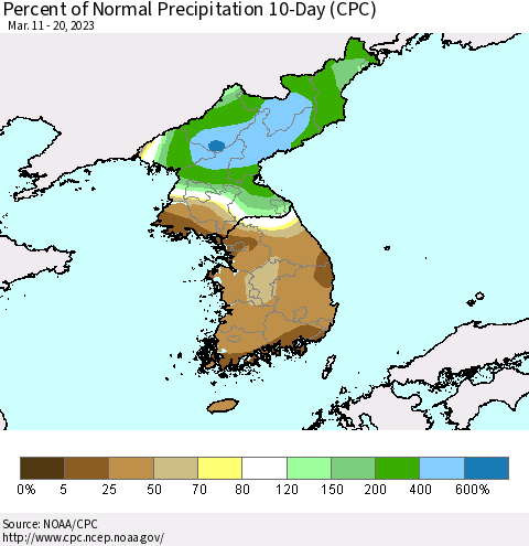 Korea Percent of Normal Precipitation 10-Day (CPC) Thematic Map For 3/11/2023 - 3/20/2023