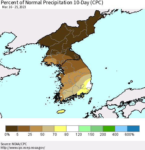Korea Percent of Normal Precipitation 10-Day (CPC) Thematic Map For 3/16/2023 - 3/25/2023