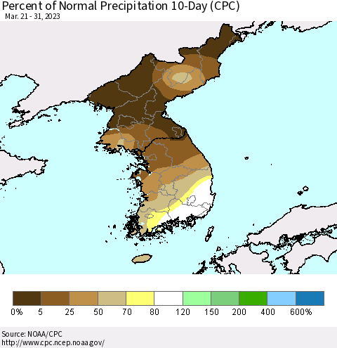 Korea Percent of Normal Precipitation 10-Day (CPC) Thematic Map For 3/21/2023 - 3/31/2023