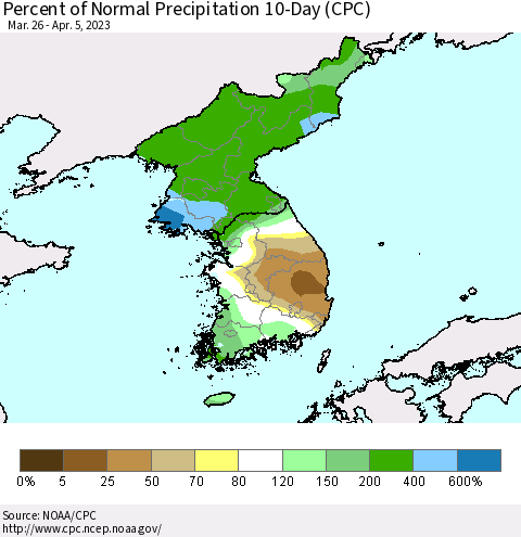 Korea Percent of Normal Precipitation 10-Day (CPC) Thematic Map For 3/26/2023 - 4/5/2023