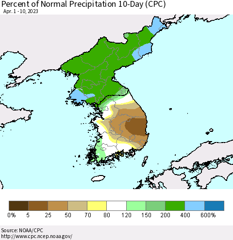 Korea Percent of Normal Precipitation 10-Day (CPC) Thematic Map For 4/1/2023 - 4/10/2023
