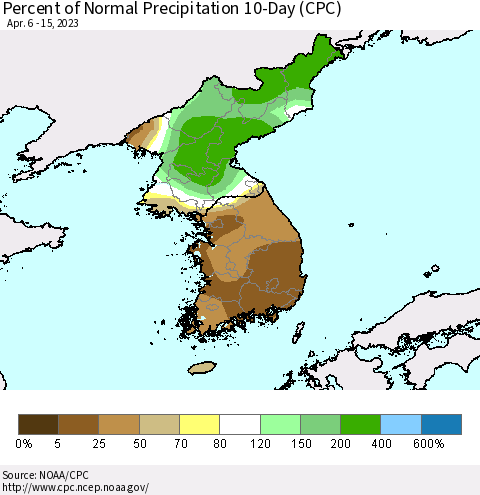Korea Percent of Normal Precipitation 10-Day (CPC) Thematic Map For 4/6/2023 - 4/15/2023
