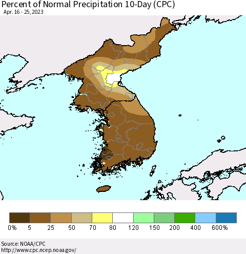 Korea Percent of Normal Precipitation 10-Day (CPC) Thematic Map For 4/16/2023 - 4/25/2023