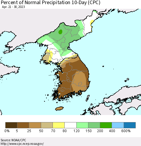 Korea Percent of Normal Precipitation 10-Day (CPC) Thematic Map For 4/21/2023 - 4/30/2023