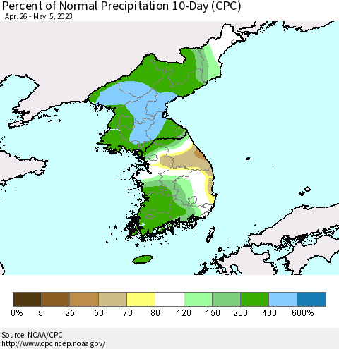 Korea Percent of Normal Precipitation 10-Day (CPC) Thematic Map For 4/26/2023 - 5/5/2023