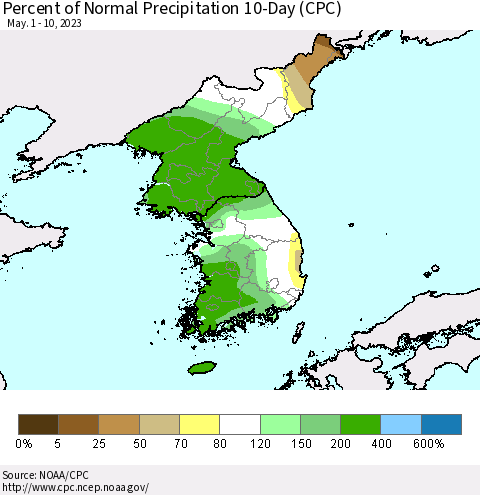 Korea Percent of Normal Precipitation 10-Day (CPC) Thematic Map For 5/1/2023 - 5/10/2023