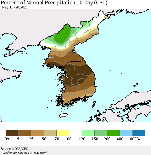 Korea Percent of Normal Precipitation 10-Day (CPC) Thematic Map For 5/11/2023 - 5/20/2023