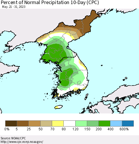 Korea Percent of Normal Precipitation 10-Day (CPC) Thematic Map For 5/21/2023 - 5/31/2023