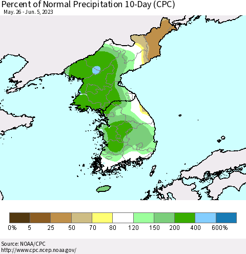 Korea Percent of Normal Precipitation 10-Day (CPC) Thematic Map For 5/26/2023 - 6/5/2023