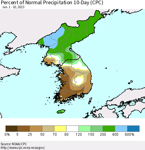 Korea Percent of Normal Precipitation 10-Day (CPC) Thematic Map For 6/1/2023 - 6/10/2023