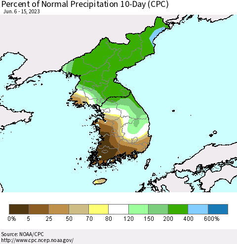 Korea Percent of Normal Precipitation 10-Day (CPC) Thematic Map For 6/6/2023 - 6/15/2023