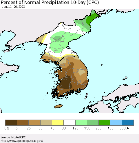 Korea Percent of Normal Precipitation 10-Day (CPC) Thematic Map For 6/11/2023 - 6/20/2023