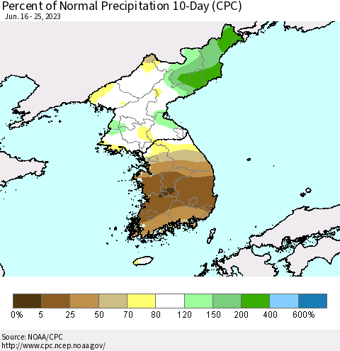 Korea Percent of Normal Precipitation 10-Day (CPC) Thematic Map For 6/16/2023 - 6/25/2023