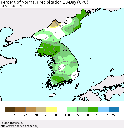 Korea Percent of Normal Precipitation 10-Day (CPC) Thematic Map For 6/21/2023 - 6/30/2023