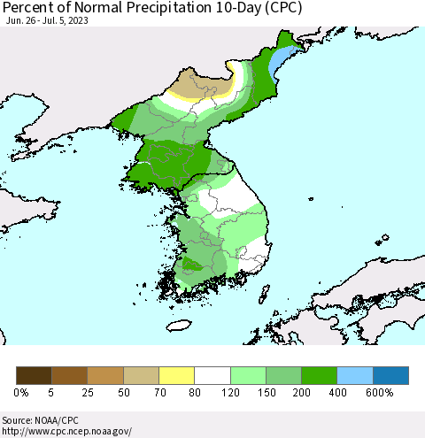 Korea Percent of Normal Precipitation 10-Day (CPC) Thematic Map For 6/26/2023 - 7/5/2023