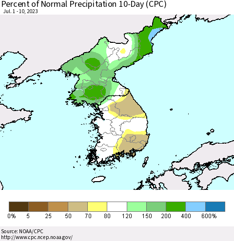 Korea Percent of Normal Precipitation 10-Day (CPC) Thematic Map For 7/1/2023 - 7/10/2023