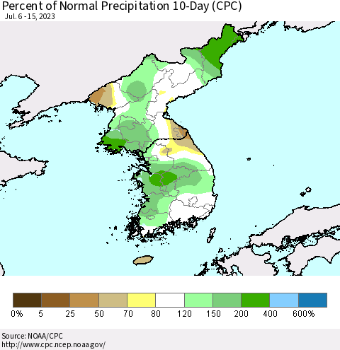 Korea Percent of Normal Precipitation 10-Day (CPC) Thematic Map For 7/6/2023 - 7/15/2023