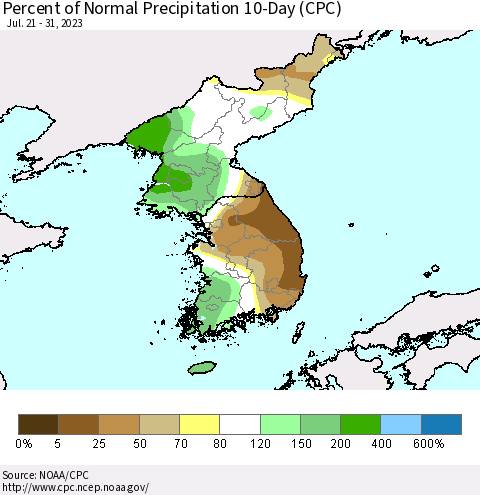 Korea Percent of Normal Precipitation 10-Day (CPC) Thematic Map For 7/21/2023 - 7/31/2023